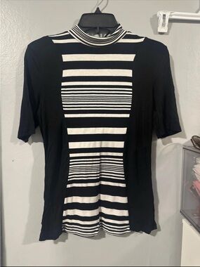 bebe Black and White Striped Mock Neck Short Sleeve Top